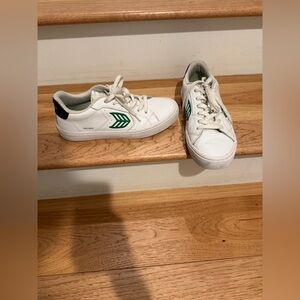 Cariuma White Leather Sneakers with Black Heel Tabs and Green Accents